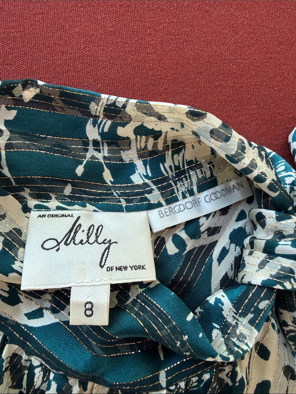 Milly Teal and Cream Metallic-Striped Animal Print Blouse - Picture 2 of 6